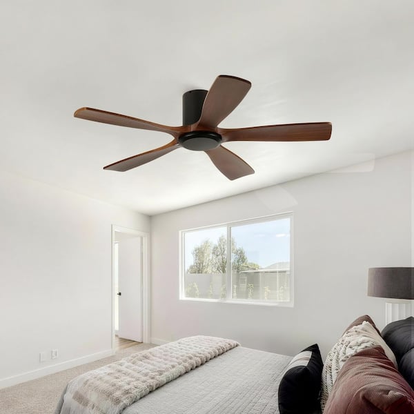 52 in. Indoor Matte Black 5 Solid Light Walnut Wood Fan Blades Flush Mount Ceiling Fan For Living Room or Bedrooms