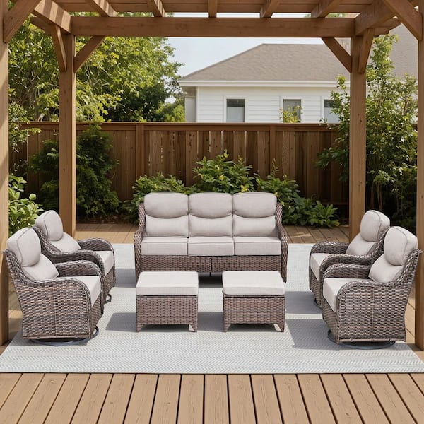 Arcadia Brown 7-Piece Wicker Patio Conversation Set with Swivel Gliders and 6 in. Thick Olefin Beige Cushions