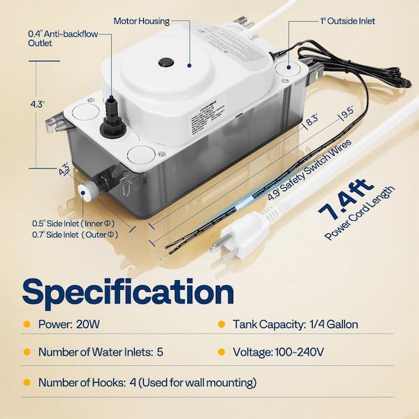 VIVOHOME 100V-240V 65 GPH AC Condensate Removal Pump with Safety