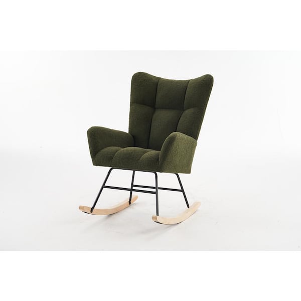Runesay 37.7 in.W Black Wood Outdoor Rocking Chair with Green Cushions