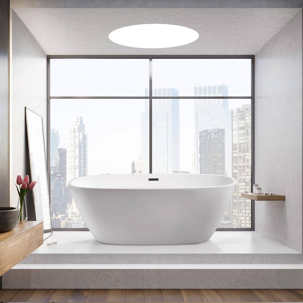 59" Glossy White Acrylic Freestanding Soaking Bathtub with Bamboo Tray