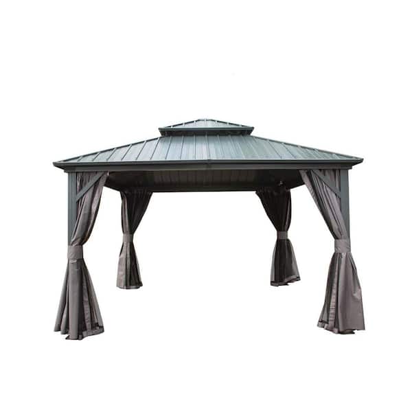 12 ft. x 12 ft. Gray Hardtop Aluminum Permanent Gazebo with Galvanized Steel Double Roof Canopy, Curtain and Netting