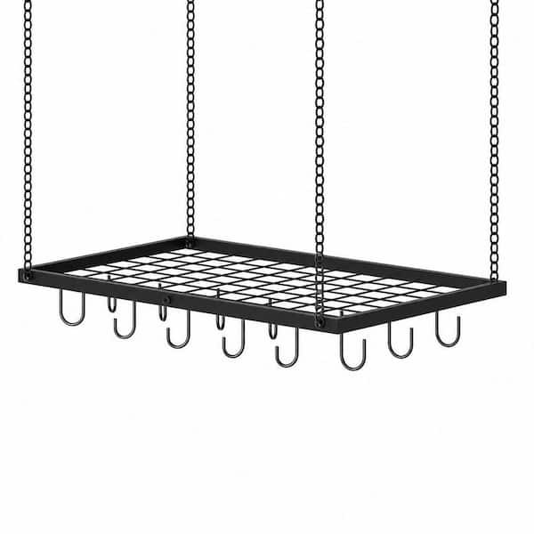 23.7 in. L x 15.7 in. W x 0.8 in. H Black Metal Hanging Pot Rack with 12 Hooks, Ceiling Mounted Pot Hanger for Kitchen