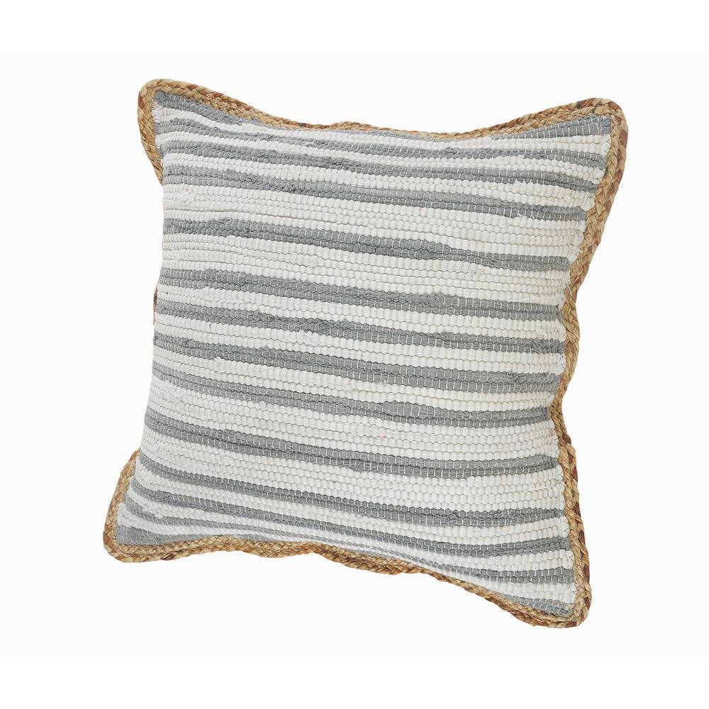 Gray and White Striped Cotton Throw Pillows with Braided Border, Set of 2