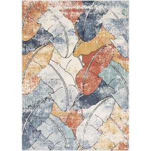 Envie Ravenna Blue Red 5 ft. 3 in. x 7 ft. 3 in. Vintage Abstract Leaves Area Rug