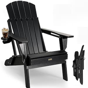Black HDPE Outdoor Folding Plastic Adirondack Chair with Cupholder