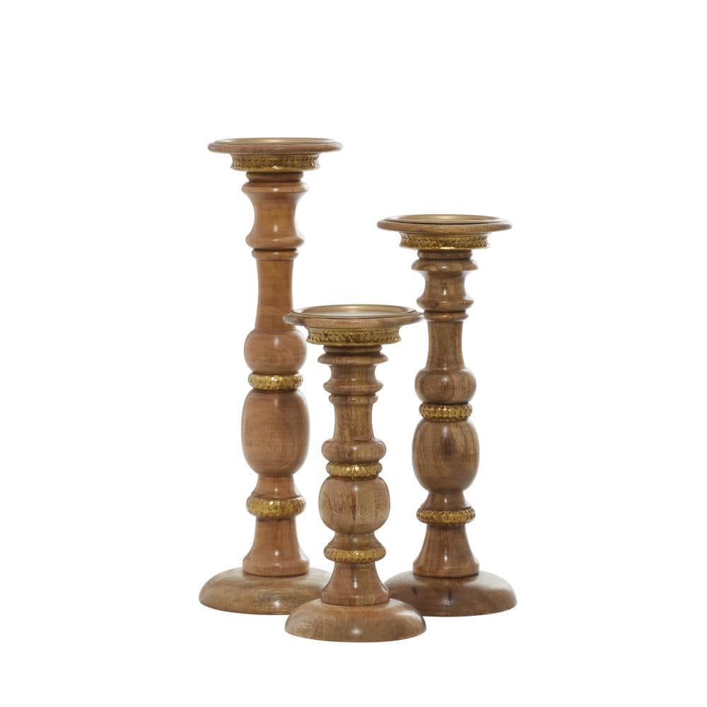 Mocha Mango Wood Candlestick Trio with Brass Accents