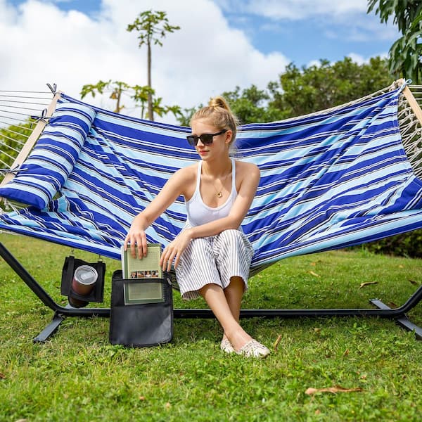 10 ft. x 12 ft. Quilted Rope Hammock and 12 ft. Steel Stand with Detachable Pillow, Blue Stripe
