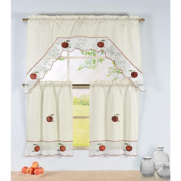 Window Elements Semi-Opaque Apple Time Embroidered 3-Piece Kitchen Curtain Tier and Valance Set