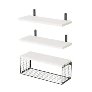 6 in. W x 16.5 in. D White Wooden Floating Storage Rack, Decorative Wall Shelf Bathroom Partition with Tissue Basket