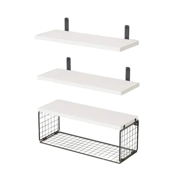 Afoxsos 6 in. W x 16.5 in. D White Wooden Floating Storage Rack, Decorative Wall Shelf Bathroom Partition with Tissue Basket
