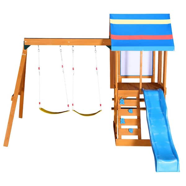 3 in 1-Blue Wooden Swing Playset with Climbing Rock Wall