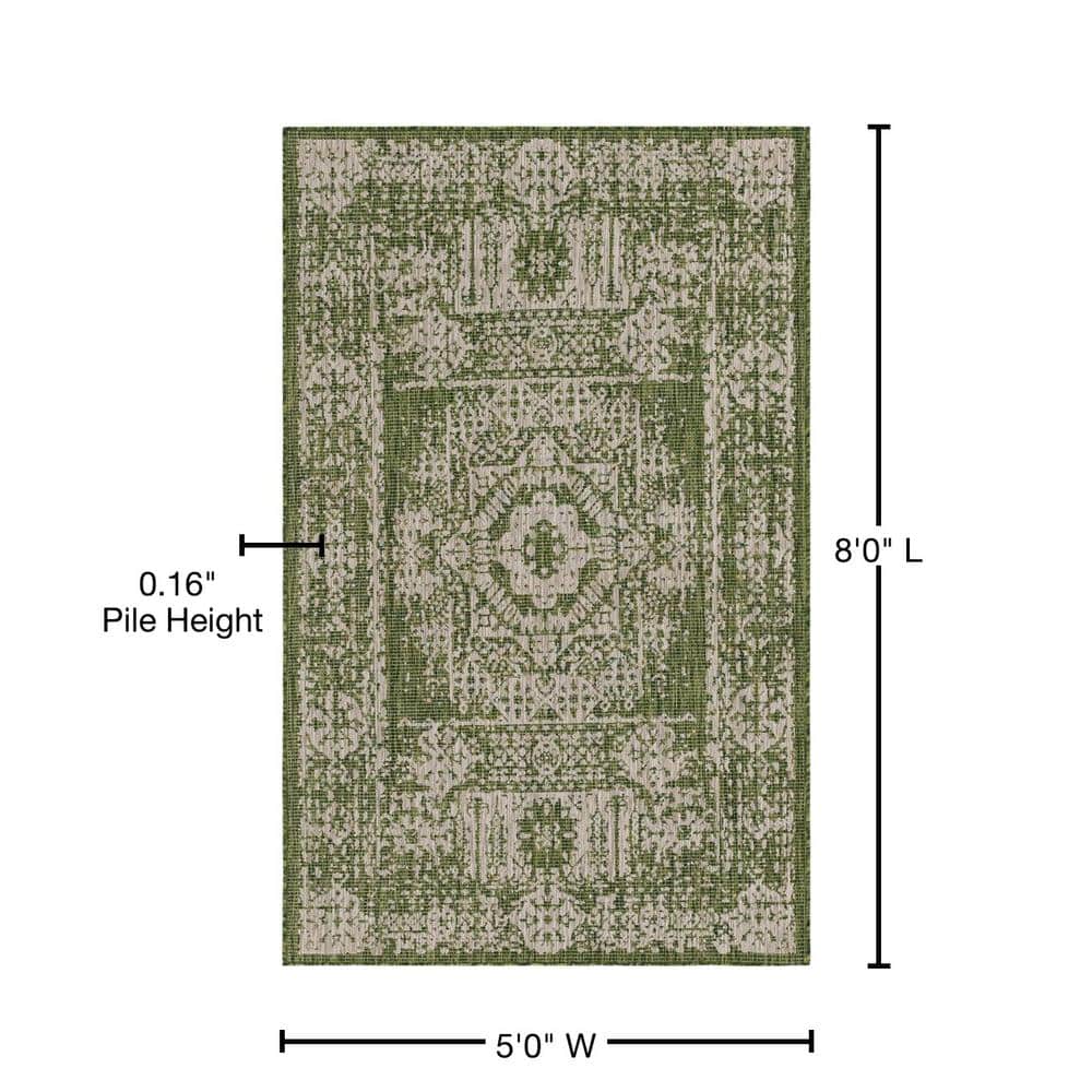 Green Synthetic Rectangular Outdoor Stain-Resistant Rug