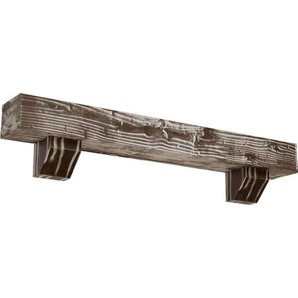 Ekena Millwork 8 in. x 10 in. x 3 ft. Sandblasted Faux Wood Fireplace Mantel Kit, Ashford Corbels, Vintage Mahogany