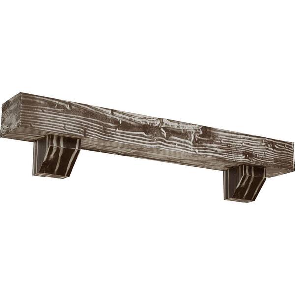 Ekena Millwork 8 in. x 12 in. x 4 ft. Sandblasted Faux Wood Beam Fireplace Mantel Kit, Ashford Corbels, Vintage Mahogany
