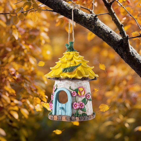 Glitzhome 9 in. H Resin Yellow Roof Outdoor Garden Birdhouse