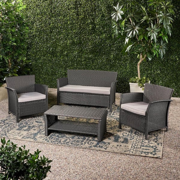 Noble House Caitlin Grey 4-Piece Faux Rattan Outdoor Patio Deep Seating Set with Silver Cushions