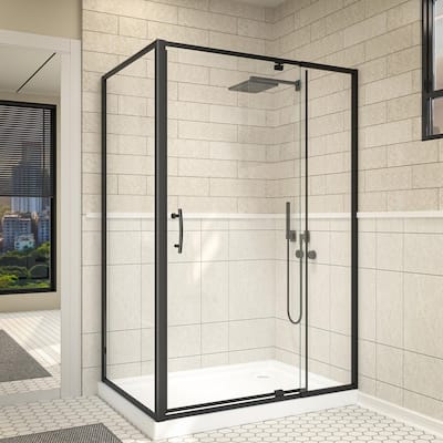 48 in. W x 71 in. H Pivot Framed Corner Shower Enclosure in Matte Black with 1/4 in. (6mm) Clear Tempered Glass