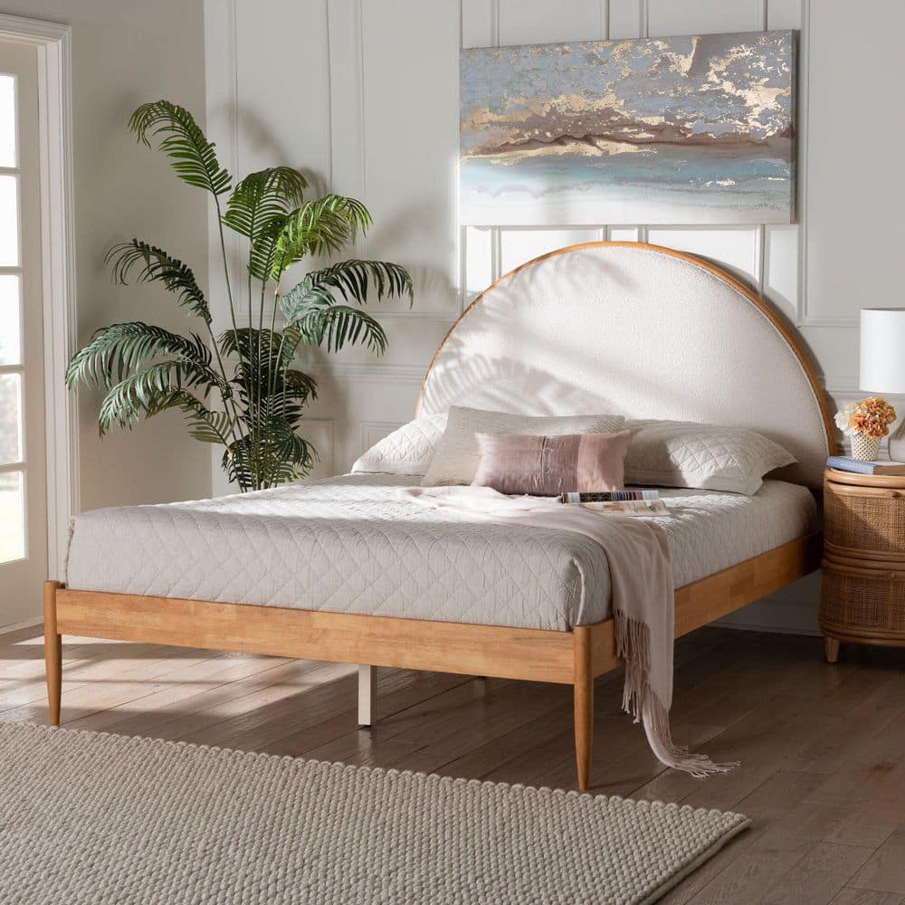 Dawson Cream Teddy Fabric and Walnut Brown Wood Frame Queen Platform Bed
