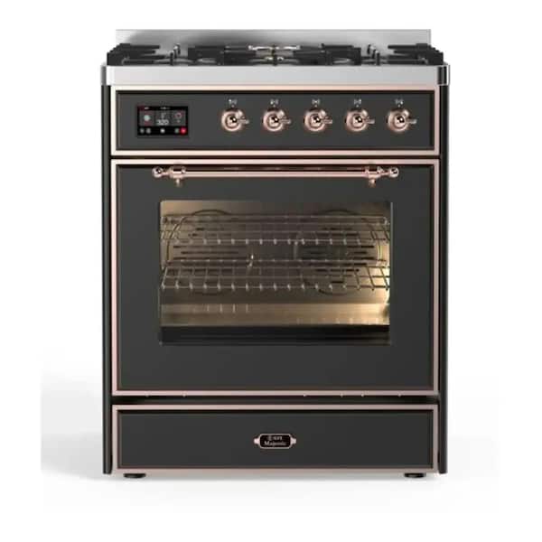 Majestic II 30 in. Single Oven Dual Fuel Range with 5 Sealed Burners, Glass Door, Copper Trim in Graphite Matte