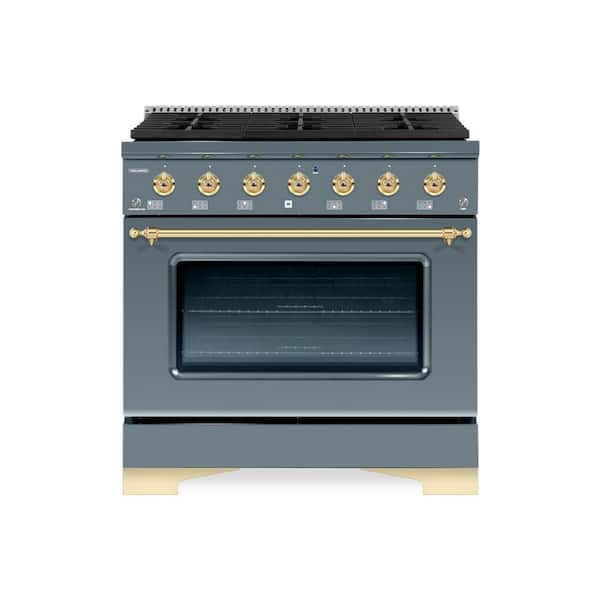 Hallman Classico 36" 5.2 cu. ft. 6-Burners Freestanding Dual Fuel Range Gas Stove and Electric Oven in Blue/Grey with Brass Trim