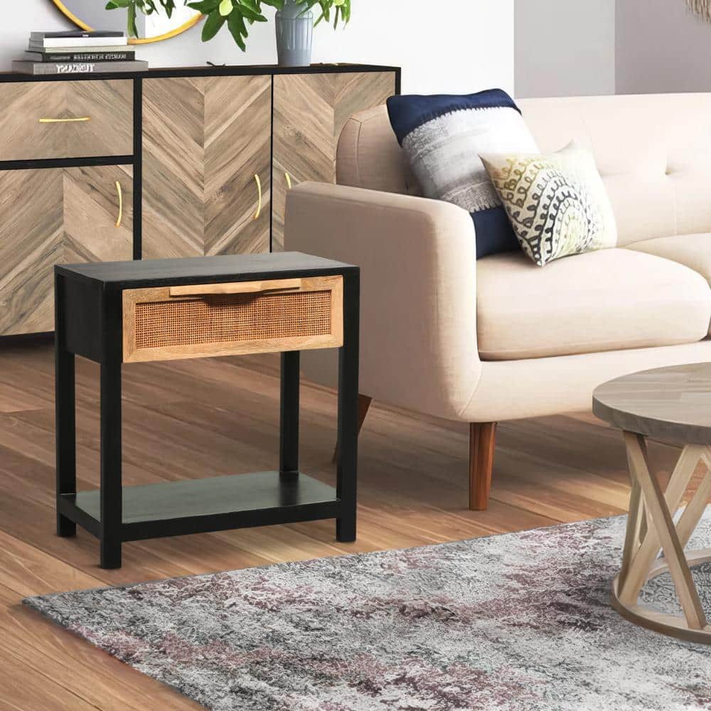 Tia 22 Inch Black Pine Wood Side Table with Rattan Drawer
