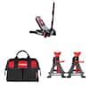 Husky 3-Ton Low Profile Quick Lift Floor Jack, 3 Ton Jack Stands and 12 in 4 Pocket Zippered Tool Bag Combo