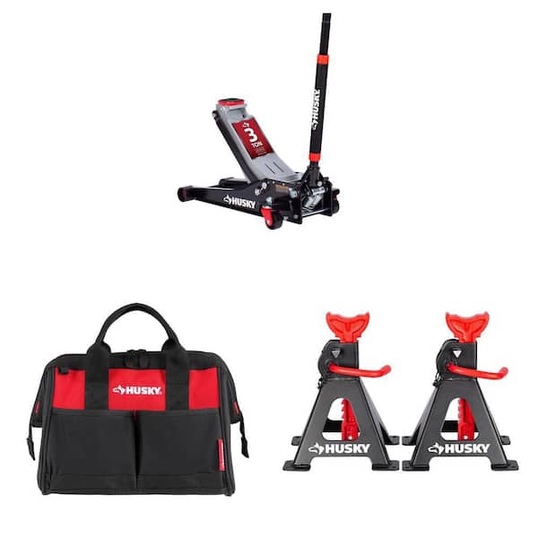 3-Ton Low Profile Quick Lift Floor Jack, 3 Ton Jack Stands and 12 in 4 Pocket Zippered Tool Bag Combo