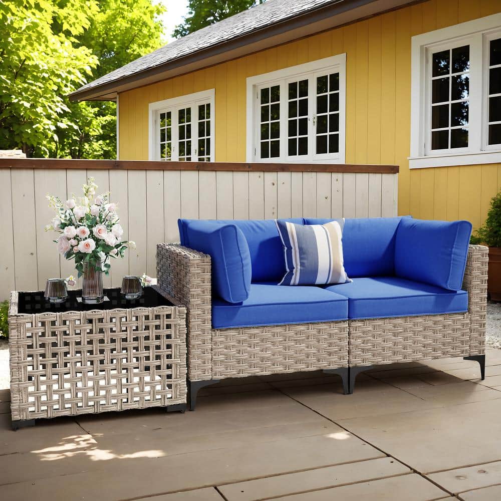 Holston 3-Piece Wicker Outdoor Patio Conversation Chair Loveseat Set with a Solar-LED Table and Navy Blue Cushions