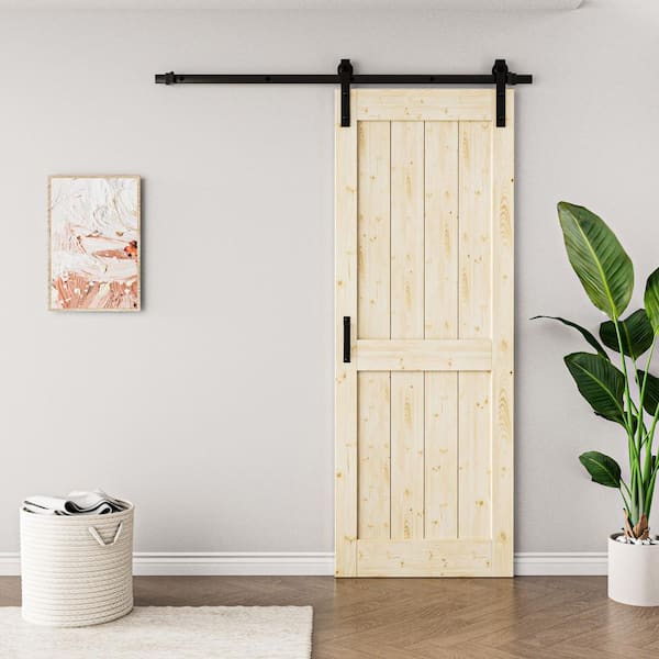 30 in. x 84 in. Paneled H Shape Solid Core Pine Unfinished Wood Sliding Barn Door Slab with Hardware Kit and Soft Close