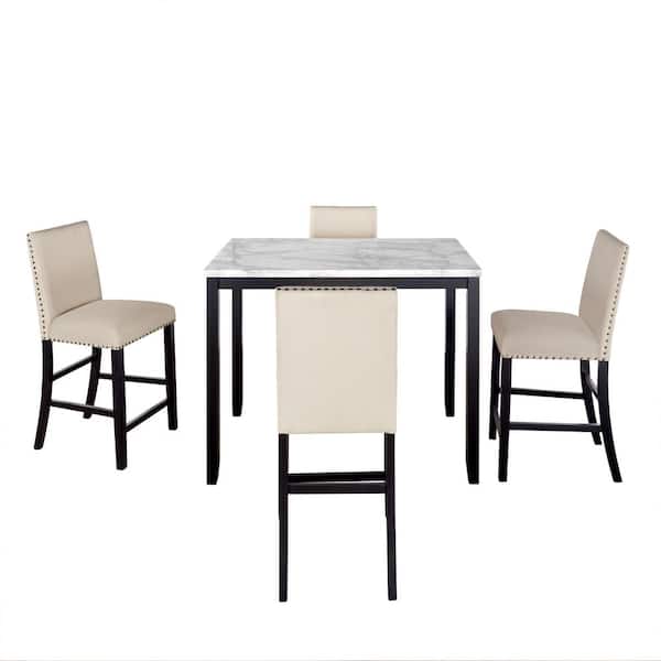 Utopia 4niture Griecy 5-Piece Rectangular Marble Top Beige Counter Height Table Set with Matching Chairs and Marble Veneer