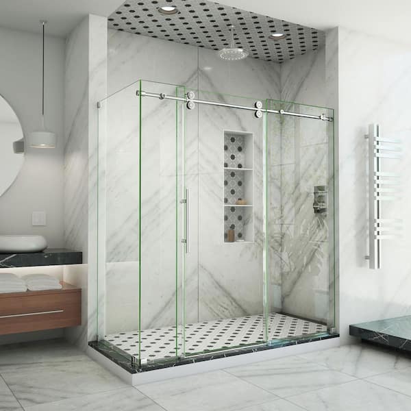 DreamLine Enigma - XO 56 -3/8 - 60 -3/8 in. W x 76 in. H Fully Frameless Sliding Shower Enclosure in Polished Stainless Steel