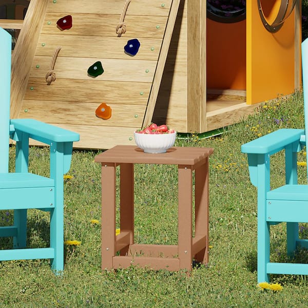 Children's Laguna Outdoor Patio All Weather Fade Resistant Kids Poly Plastic Adirondack Square Side Table in Teak