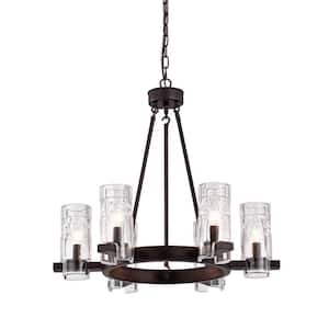 Avenue Farmhouse 6-Light Oil Rubbed Bronze Wagon Wheel Chandelier With Textured Banded Clear Glass Shades