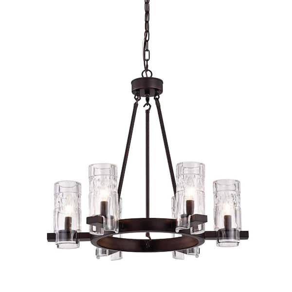 Edvivi Avenue Farmhouse 6-Light Oil Rubbed Bronze Wagon Wheel Chandelier With Textured Banded Clear Glass Shades
