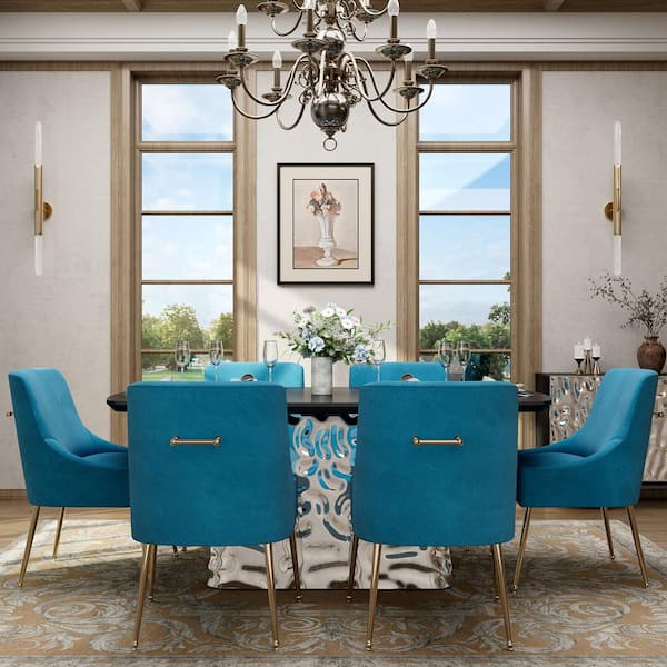 7-Piece Wooden Top Stainless Steel Water Ripple Dining Table Set with Lake Blue Velvet Dining Chair (Seats of 6)