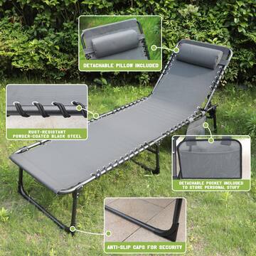 Outdoor Folding Chaise Lounge Chair Fully Flat for Beach with Pillow and Side Pocket, Dark Grey