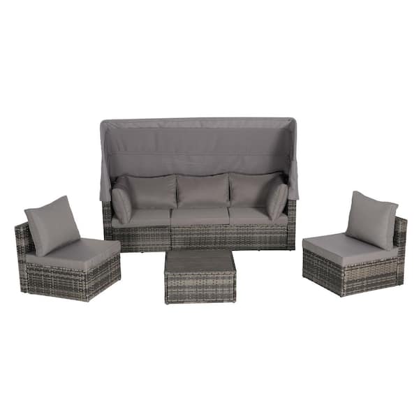 Tenleaf 5-Piece Wicker Patio Conversation Set with Dark Gray Cushions, Retractable Canopy, Storable Side Table