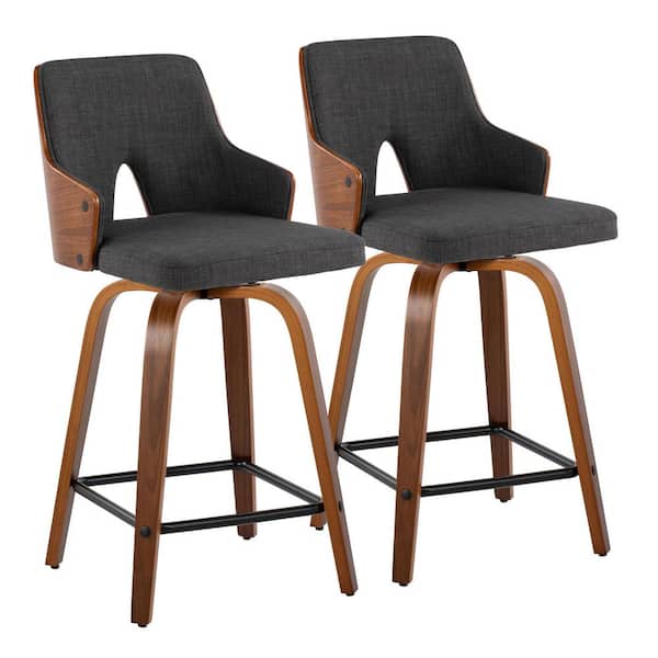 Lumisource Stella 24 in. Charcoal Fabric, Walnut Wood and Black Metal Fixed-Height Counter Stool with Square Footrest (Set of 2)
