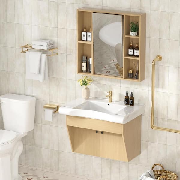 30 in. W Single Sink Floating Vanity Wood Color Bath Vanity with White Ceramic Top Unassembled, Included Mirror Cabinet