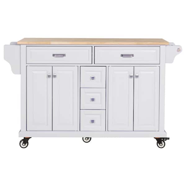 60.50 in. White Wood Kitchen Cart with Storage Cabinet and 5-Drawers