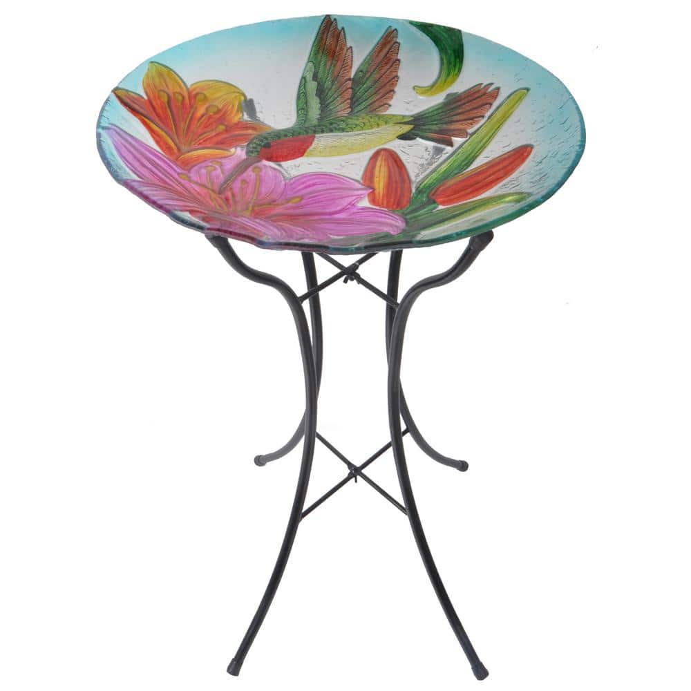 18" Multicolor Glass Hummingbird Birdbath with Metal Stand