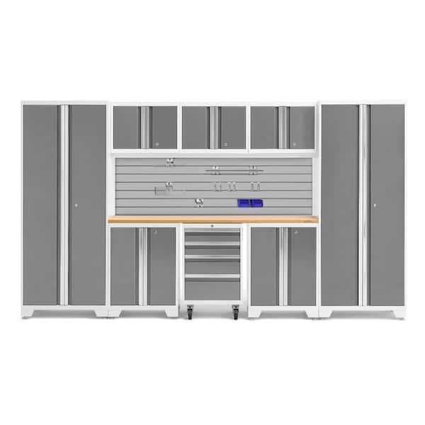 NewAge Products Bold Series 132 in. W x 76.75 in. H x 18 in. D 24-Gauge Steel Garage Cabinet Set in Platinum (9-Piece)