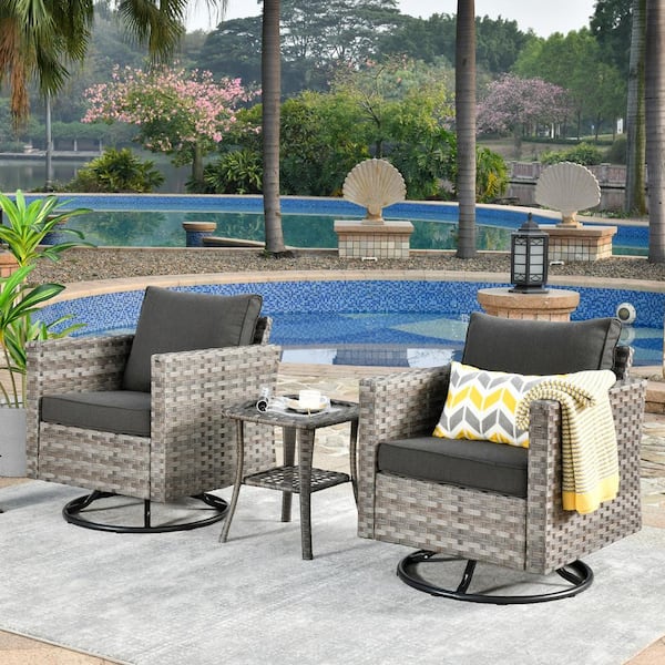 OVIOS Marvel Gray 3-Piece Wicker Wide Arm Patio Conversation Set with Black Cushions and Swivel Rocking Chairs
