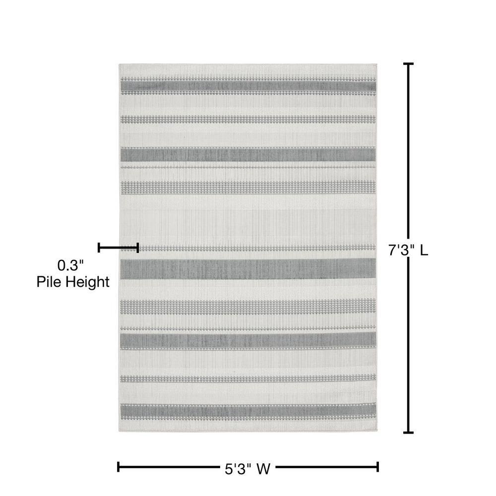 Gray and Cream Striped Synthetic 5' x 7' Indoor/Outdoor Rug