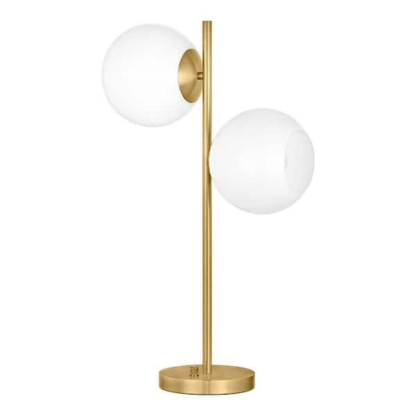 Hampton Bay Vista Heights 24.5 in. 2 Light Aged brass Indoor Table Lamp With Opal White Glass Shade