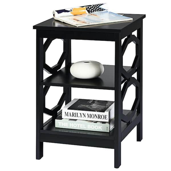 SUNRINX 16 in. Black Square Wood End Table with 2 Shelves