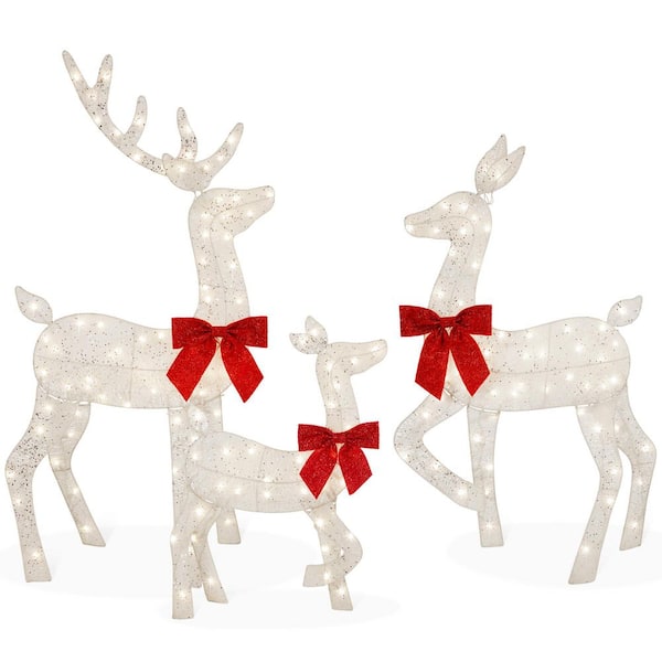 48 in. White LED Metal Deer Family Christmas Yard Decor