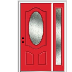 50 in. x 80 in. Right-Hand Inswing Rain Glass Red Saffron Fiberglass Prehung Front Door on 4-9/16 in. Frame