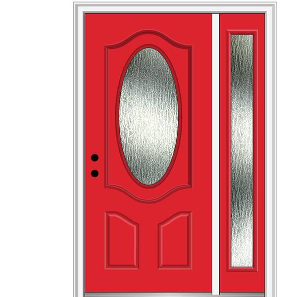 MMI Door 50 in. x 80 in. Right-Hand Inswing Rain Glass Red Saffron Fiberglass Prehung Front Door on 4-9/16 in. Frame
